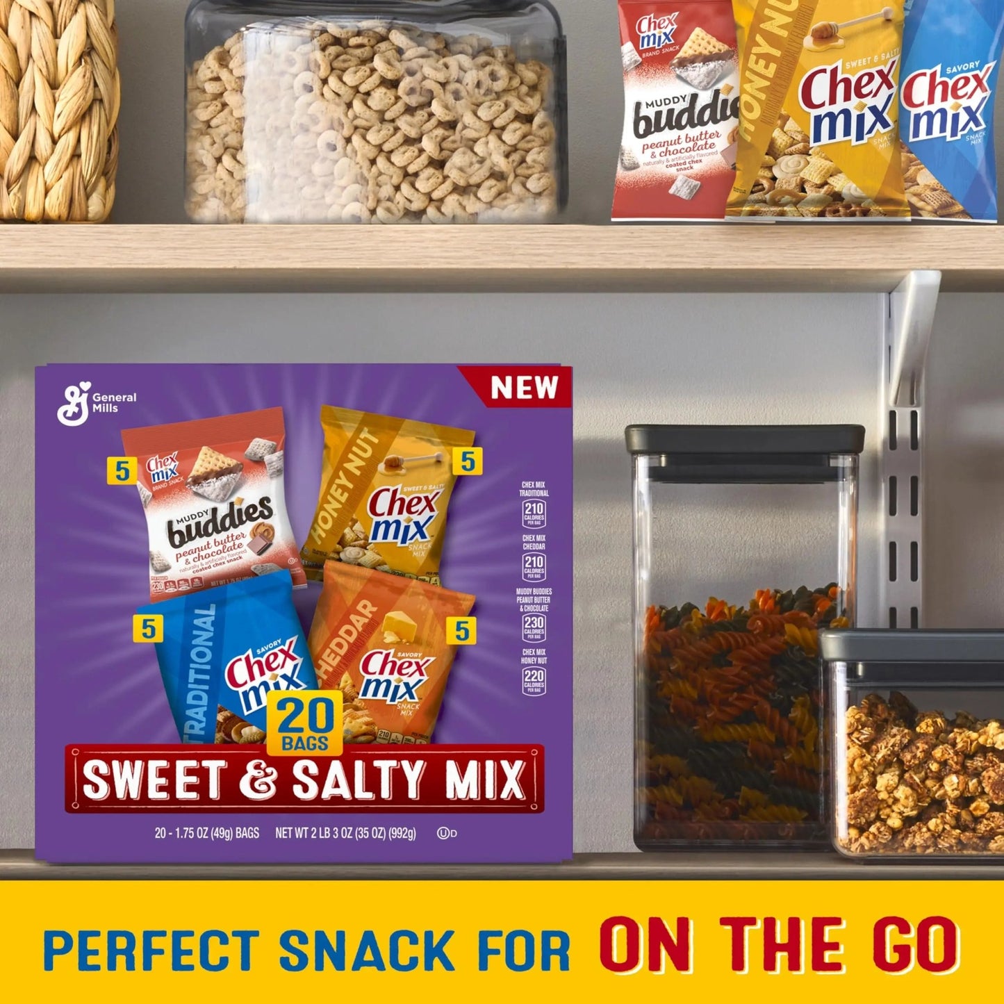 Sweet & Salty Snack Variety Pack, Muddy Buddies Peanut Butter & Chocolate, Chex Mix Traditional, Cheddar & Honey Nut, 35 oz (20 Bags) - Fresh Hearth