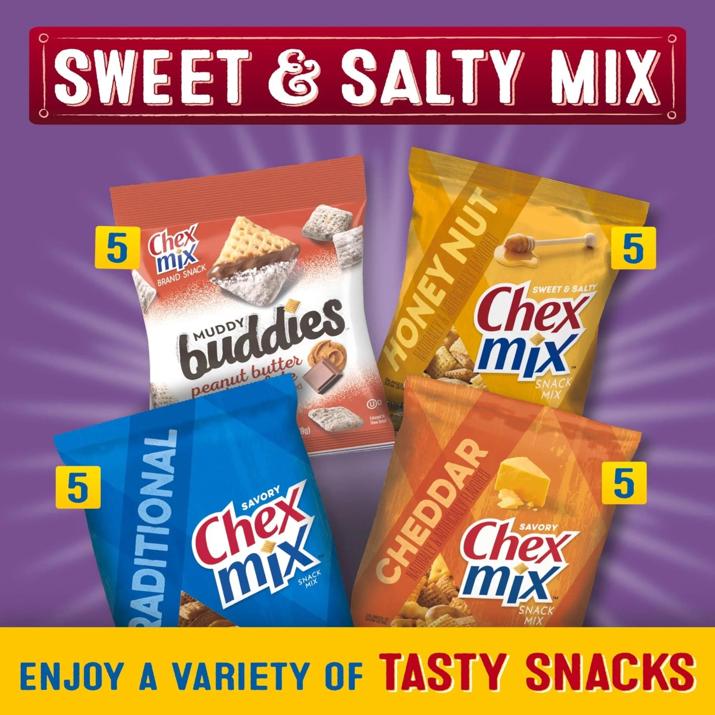 Sweet & Salty Snack Variety Pack, Muddy Buddies Peanut Butter & Chocolate, Chex Mix Traditional, Cheddar & Honey Nut, 35 oz (20 Bags) - Fresh Hearth