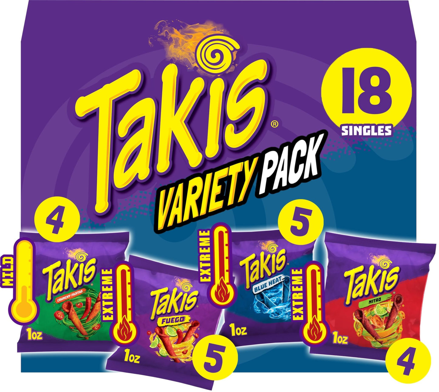 Takis 18 pc / 1 oz Variety Pack, Assorted Flavored Mixed Rolled Tortilla Chips – (5) Fuego, (5) Blue Heat, (4) Nitro, (4) Crunchy Fajitas - Fresh Hearth