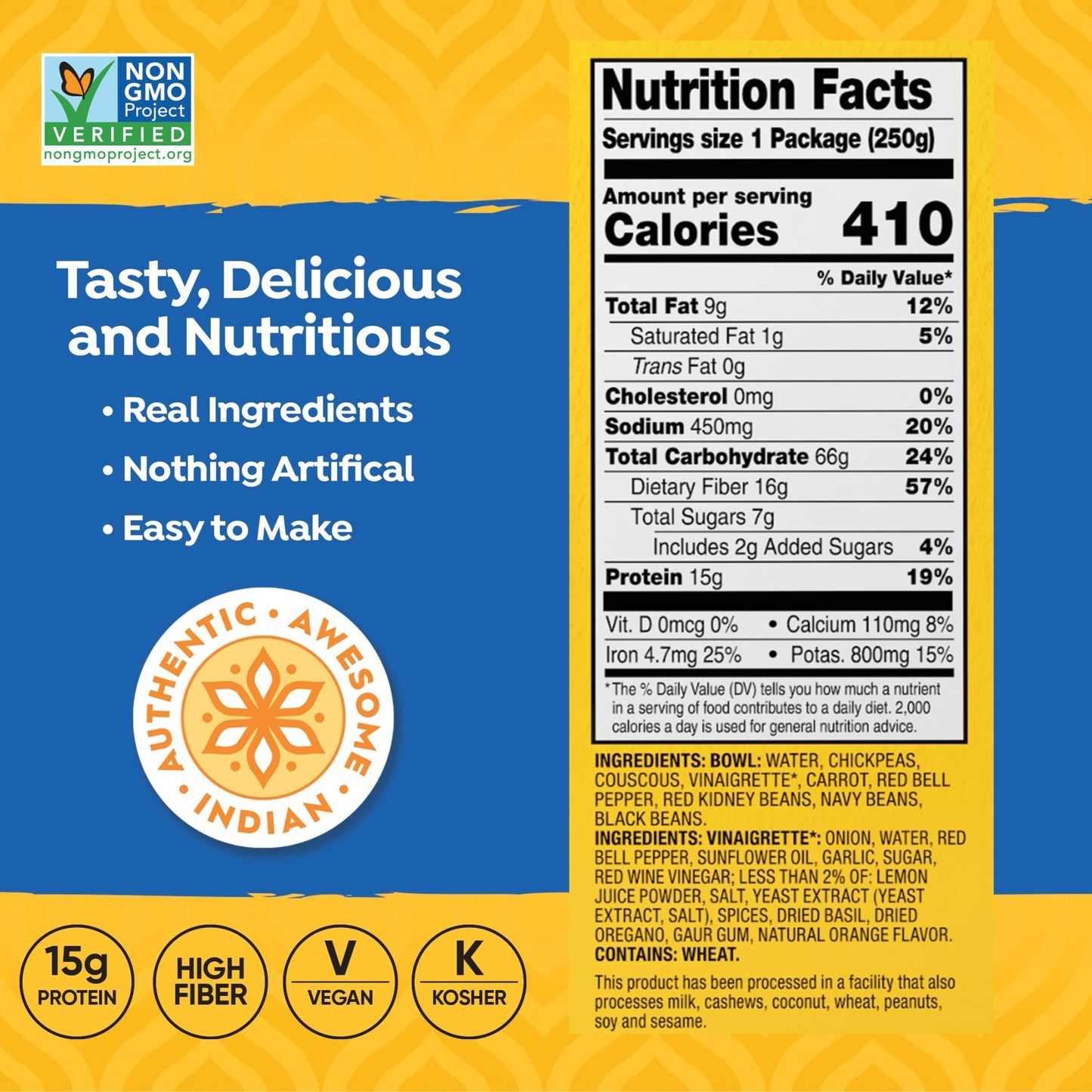 TASTY BITE Mediterranean Protein Bowl, 8.8 Ounce, Pack of 6, Ready to Eat, Microwaveable, Vegan, 14 Grams Plant Protein - Fresh Hearth
