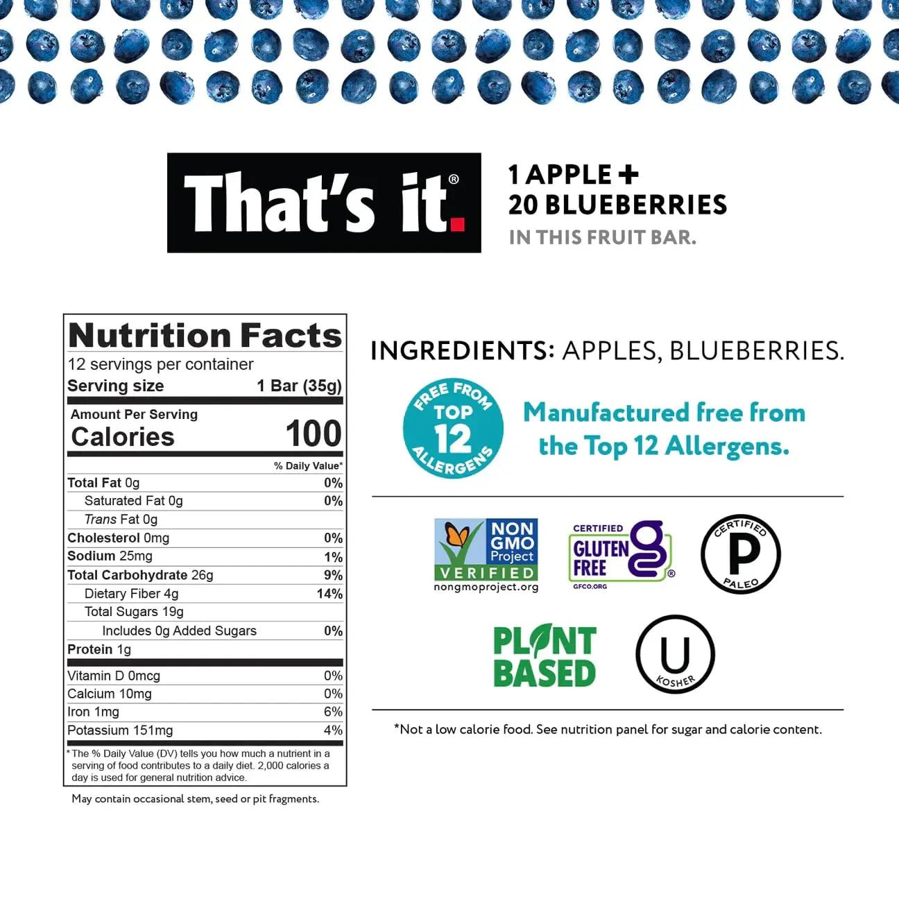 That's it. Apple + Blueberry 100% Natural Real Fruit Bar, Best High Fiber Vegan, Gluten Free Healthy Snack, Paleo for Children & Adults, Non GMO No Sugar Added, No Preservatives Energy Food (12 Pack) Apple Blueberry fruit bar - Fresh Hearth