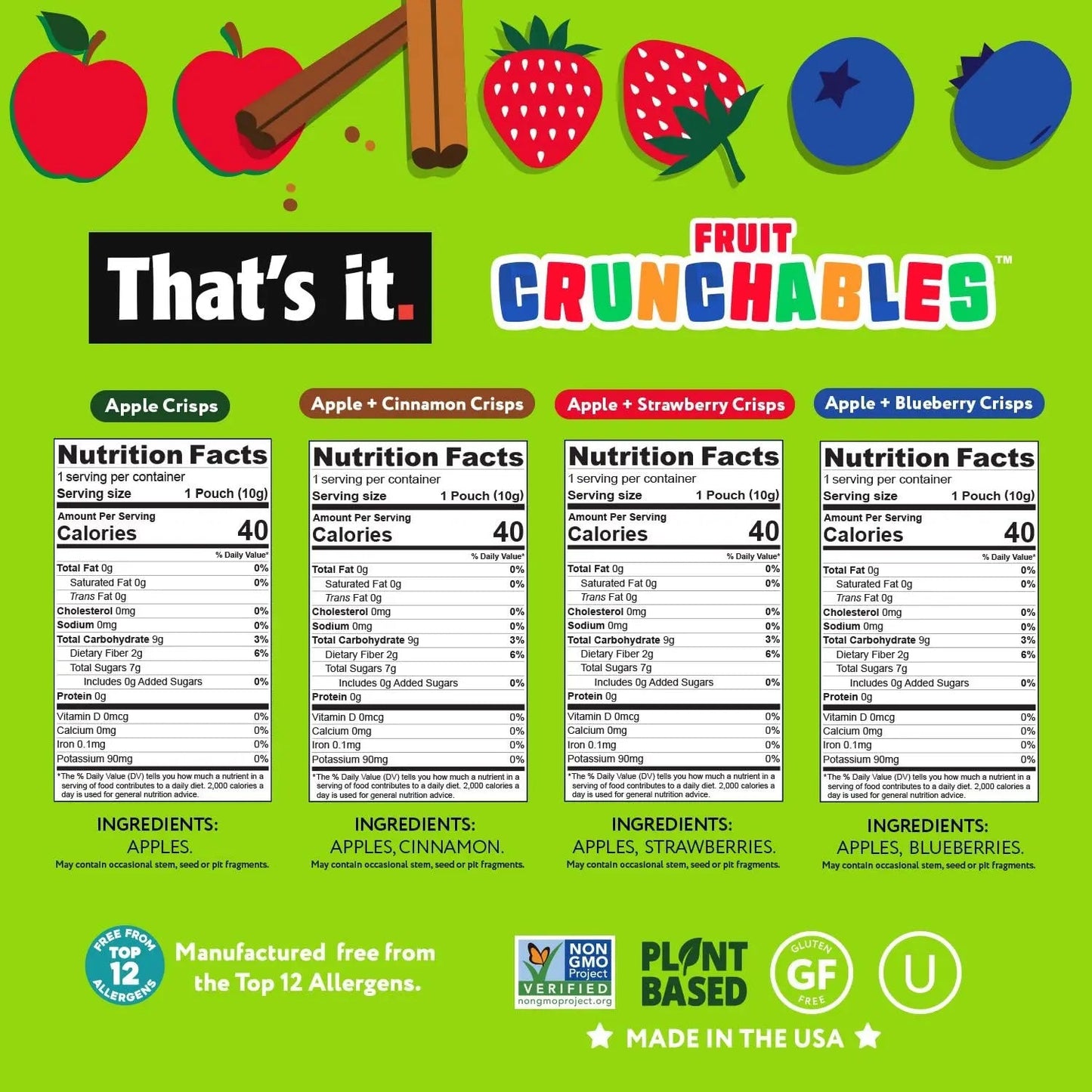That's it. Fruit Crunchables Variety Pack, Fruit Snacks for Kids, 100% Fruit Crisps, Plant - Based, Non - GMO, Gluten - Free, No Sugar Added (16 Pack) - Fresh Hearth