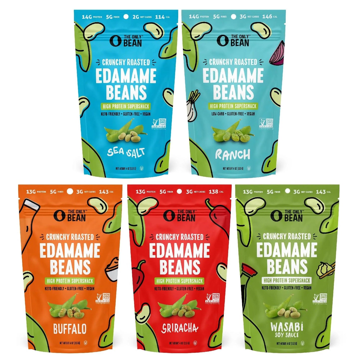 The Only Bean Crunchy Roasted Edamame Bean Snacks (5 Flavors), Healthy Snacks for Kids and Adults, High Protein Snacks, Low Carb Snack, Keto - Friendly, Gluten - Free, Vegan, 4 Ounce (Pack of 5) - Fresh Hearth