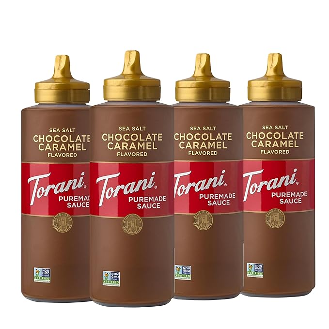 Torani Puremade Dessert & Drink Sauce Variety Pack, Chocolate Caramel, Dark Chocolate, White Chocolate & Caramel, 16.5 fl oz (Set of 4) - Fresh Hearth