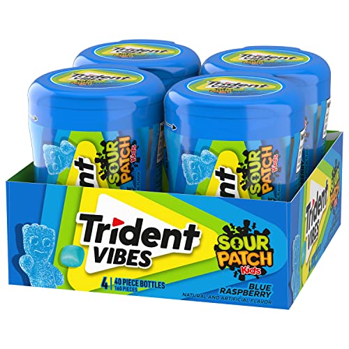 Trident Vibes SOUR PATCH KIDS Blue Raspberry Sugar - Free Chewing Gum, 4 Bottles of 40 Pieces (160 Total Pieces) - Fresh Hearth