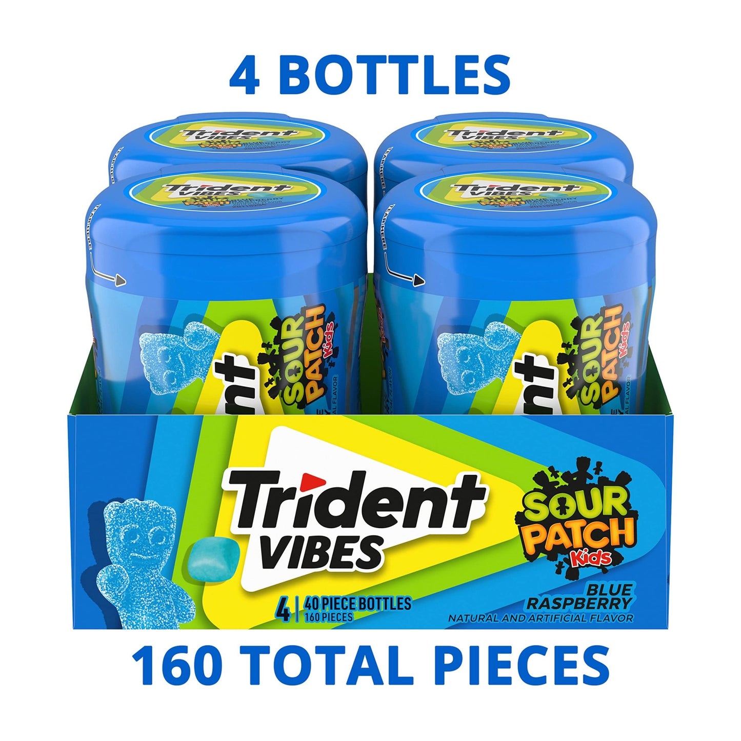 Trident Vibes SOUR PATCH KIDS Blue Raspberry Sugar - Free Chewing Gum, 4 Bottles of 40 Pieces (160 Total Pieces) - Fresh Hearth