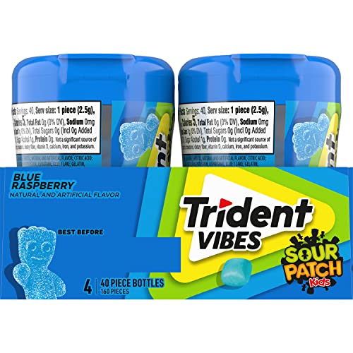 Trident Vibes SOUR PATCH KIDS Blue Raspberry Sugar - Free Chewing Gum, 4 Bottles of 40 Pieces (160 Total Pieces) - Fresh Hearth