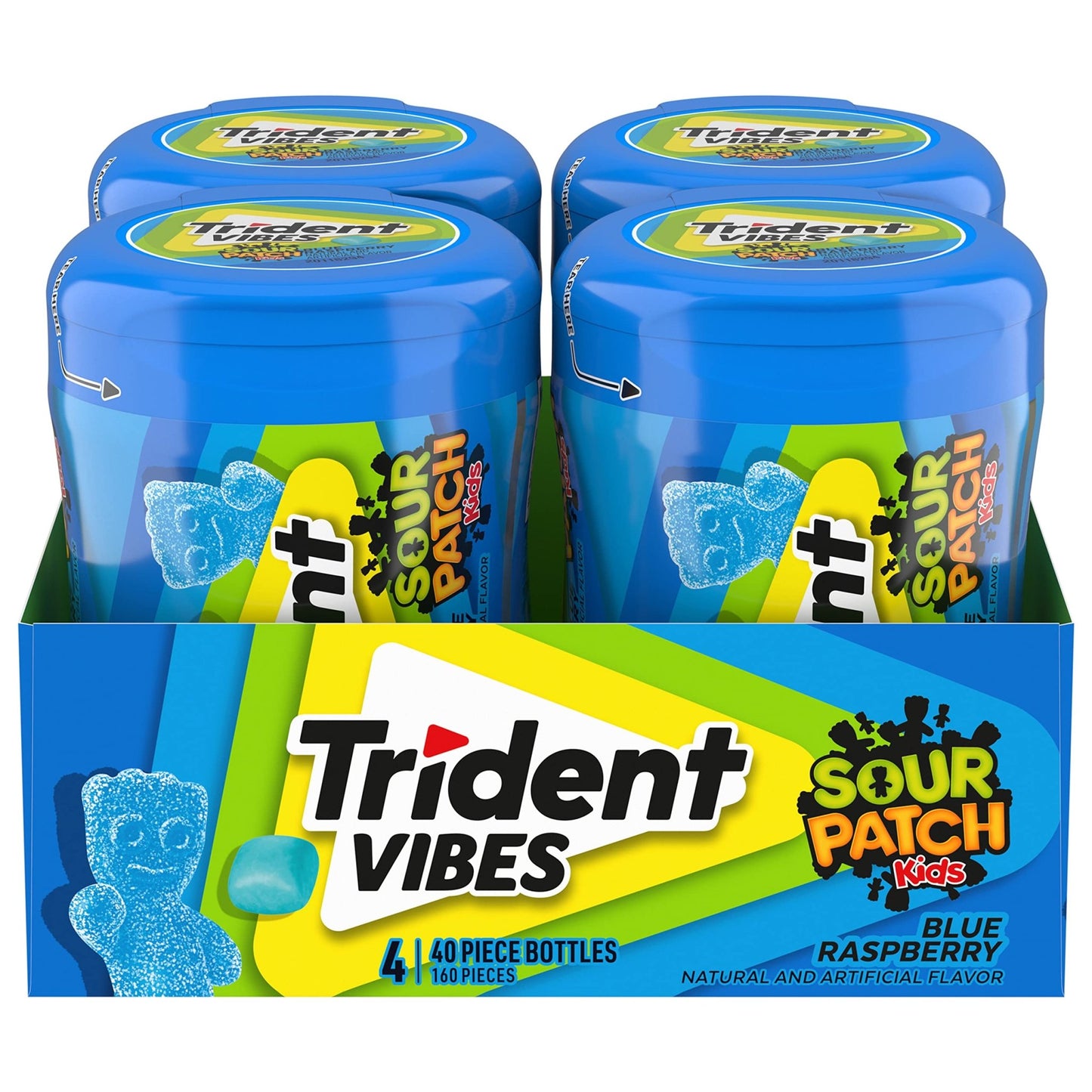 Trident Vibes SOUR PATCH KIDS Blue Raspberry Sugar - Free Chewing Gum, 4 Bottles of 40 Pieces (160 Total Pieces) - Fresh Hearth