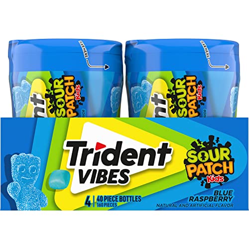 Trident Vibes SOUR PATCH KIDS Blue Raspberry Sugar - Free Chewing Gum, 4 Bottles of 40 Pieces (160 Total Pieces) - Fresh Hearth