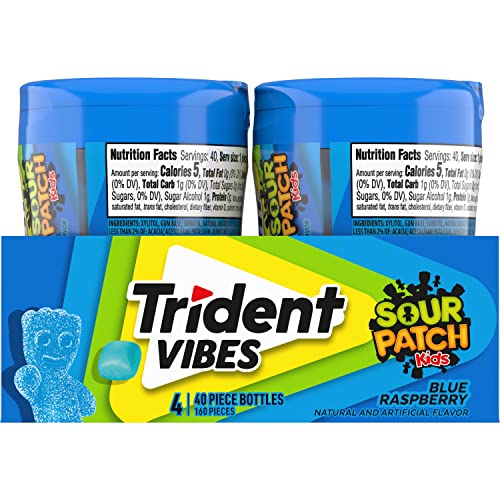 Trident Vibes SOUR PATCH KIDS Blue Raspberry Sugar - Free Chewing Gum, 4 Bottles of 40 Pieces (160 Total Pieces) - Fresh Hearth