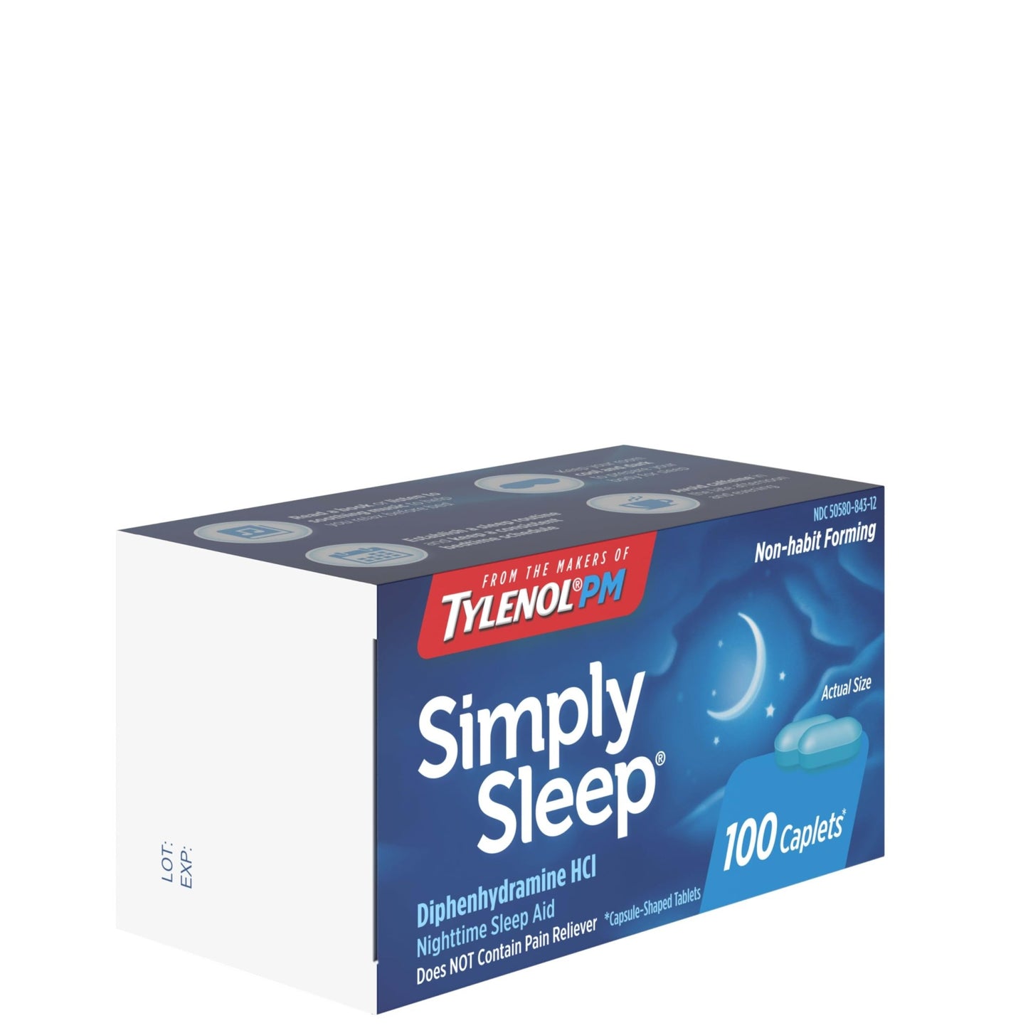 Tylenol Simply Sleep Nighttime Sleep Aid Caplets, 25 mg Diphenhydramine HCl, Non - Habit Forming Sleep Aid for Adults, 100 Count - Fresh Hearth
