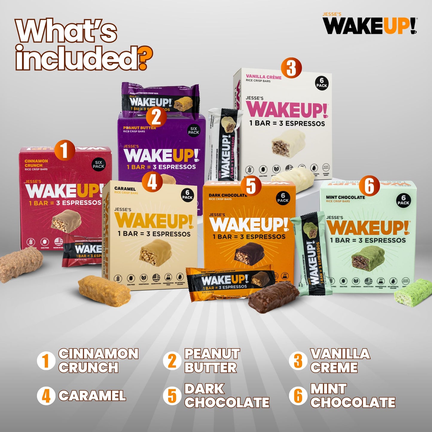 WAKE UP! Caffeinated Protein Bars – VARIETY PACK - 6 Flavors (Chocolate, Caramel, Mint Chocolate, Vanilla Creme, Cinnamon Crunch, Peanut Butter) – Proprietary Blend with 350mg Caffeine (1 Bar = 3 Espressos) – Gluten - Free, Vegetarian, Kosher – Boosts Focus - Fresh Hearth