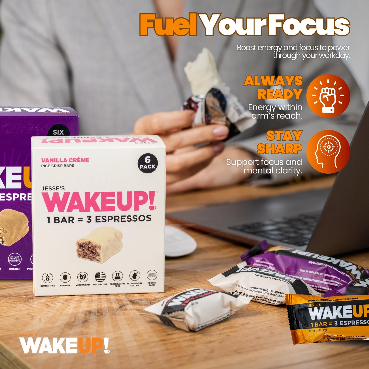 WAKE UP! Caffeinated Protein Bars – VARIETY PACK - 6 Flavors (Chocolate, Caramel, Mint Chocolate, Vanilla Creme, Cinnamon Crunch, Peanut Butter) – Proprietary Blend with 350mg Caffeine (1 Bar = 3 Espressos) – Gluten - Free, Vegetarian, Kosher – Boosts Focus - Fresh Hearth