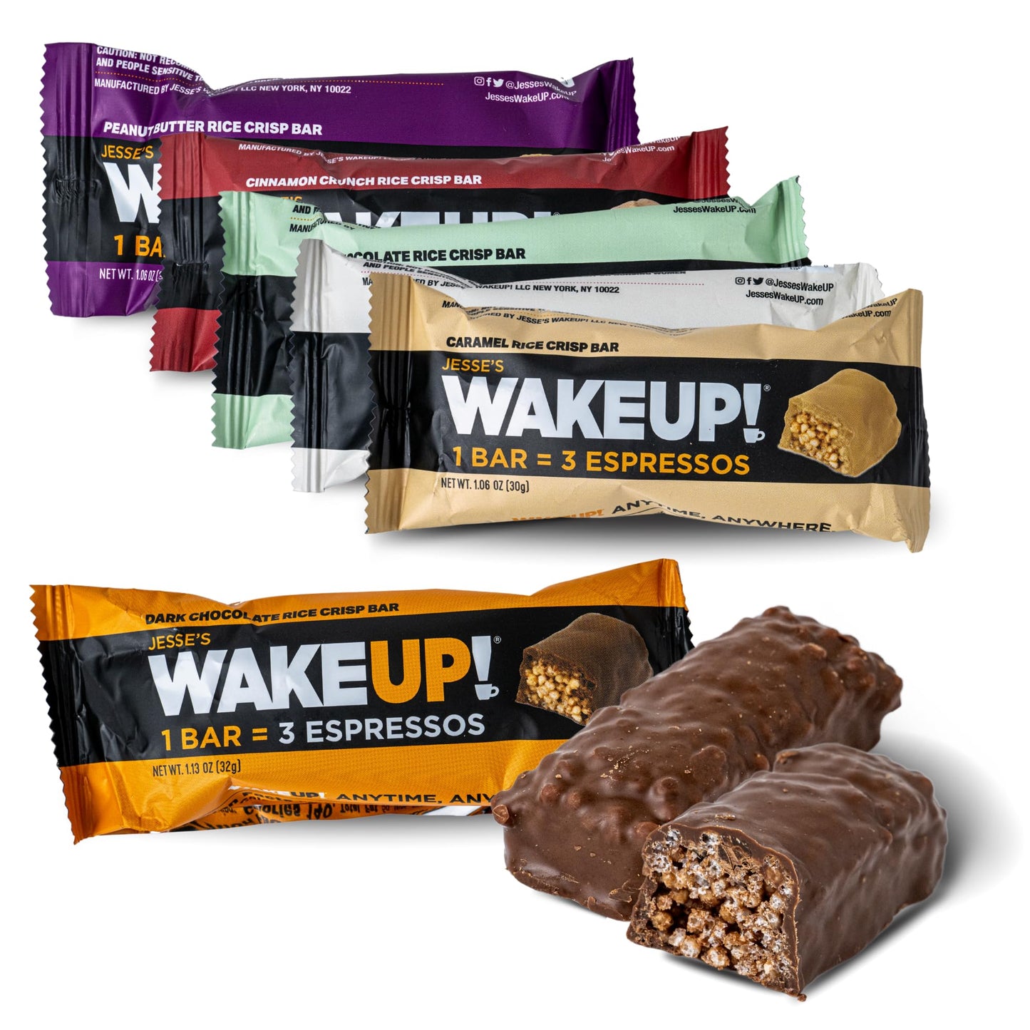 WAKE UP! Caffeinated Protein Bars – VARIETY PACK - 6 Flavors (Chocolate, Caramel, Mint Chocolate, Vanilla Creme, Cinnamon Crunch, Peanut Butter) – Proprietary Blend with 350mg Caffeine (1 Bar = 3 Espressos) – Gluten - Free, Vegetarian, Kosher – Boosts Focus - Fresh Hearth