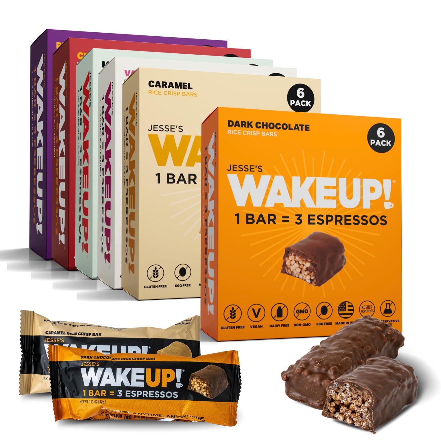 WAKE UP! Caffeinated Protein Bars – VARIETY PACK - 6 Flavors (Chocolate, Caramel, Mint Chocolate, Vanilla Creme, Cinnamon Crunch, Peanut Butter) – Proprietary Blend with 350mg Caffeine (1 Bar = 3 Espressos) – Gluten - Free, Vegetarian, Kosher – Boosts Focus - Fresh Hearth
