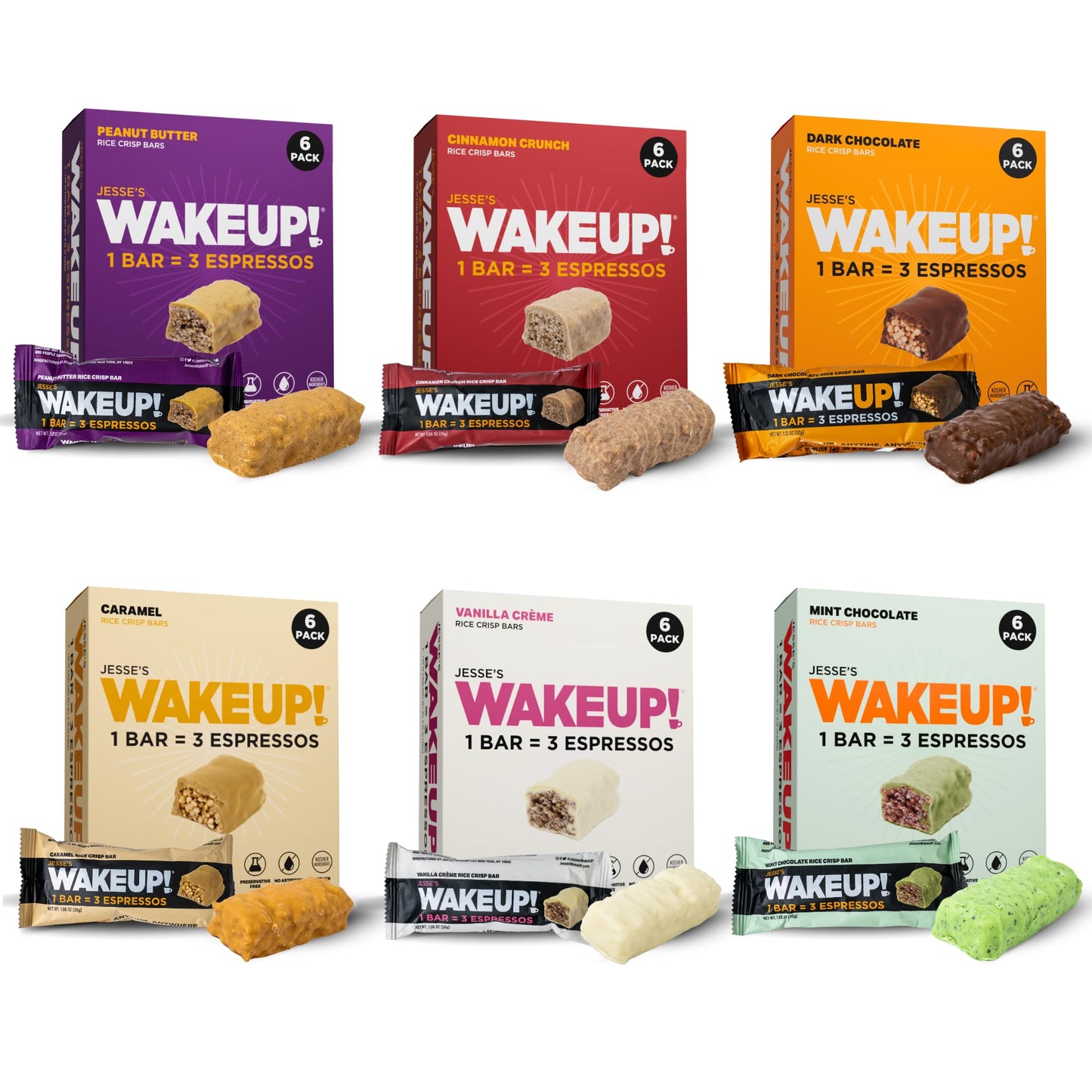 WAKE UP! Caffeinated Protein Bars – VARIETY PACK - 6 Flavors (Chocolate, Caramel, Mint Chocolate, Vanilla Creme, Cinnamon Crunch, Peanut Butter) – Proprietary Blend with 350mg Caffeine (1 Bar = 3 Espressos) – Gluten - Free, Vegetarian, Kosher – Boosts Focus - Fresh Hearth