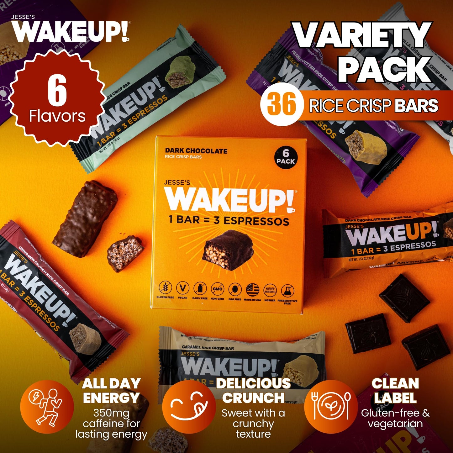WAKE UP! Caffeinated Protein Bars – VARIETY PACK - 6 Flavors (Chocolate, Caramel, Mint Chocolate, Vanilla Creme, Cinnamon Crunch, Peanut Butter) – Proprietary Blend with 350mg Caffeine (1 Bar = 3 Espressos) – Gluten - Free, Vegetarian, Kosher – Boosts Focus - Fresh Hearth