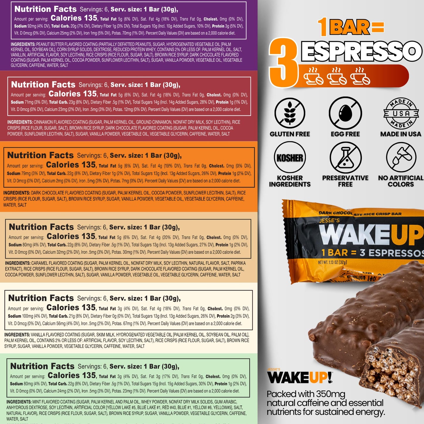WAKE UP! Caffeinated Protein Bars – VARIETY PACK - 6 Flavors (Chocolate, Caramel, Mint Chocolate, Vanilla Creme, Cinnamon Crunch, Peanut Butter) – Proprietary Blend with 350mg Caffeine (1 Bar = 3 Espressos) – Gluten - Free, Vegetarian, Kosher – Boosts Focus - Fresh Hearth