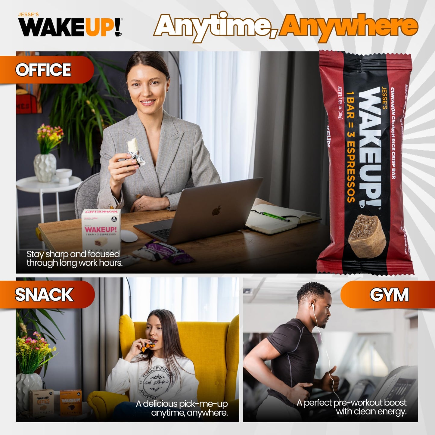 WAKE UP! Caffeinated Protein Bars – VARIETY PACK - 6 Flavors (Chocolate, Caramel, Mint Chocolate, Vanilla Creme, Cinnamon Crunch, Peanut Butter) – Proprietary Blend with 350mg Caffeine (1 Bar = 3 Espressos) – Gluten - Free, Vegetarian, Kosher – Boosts Focus - Fresh Hearth