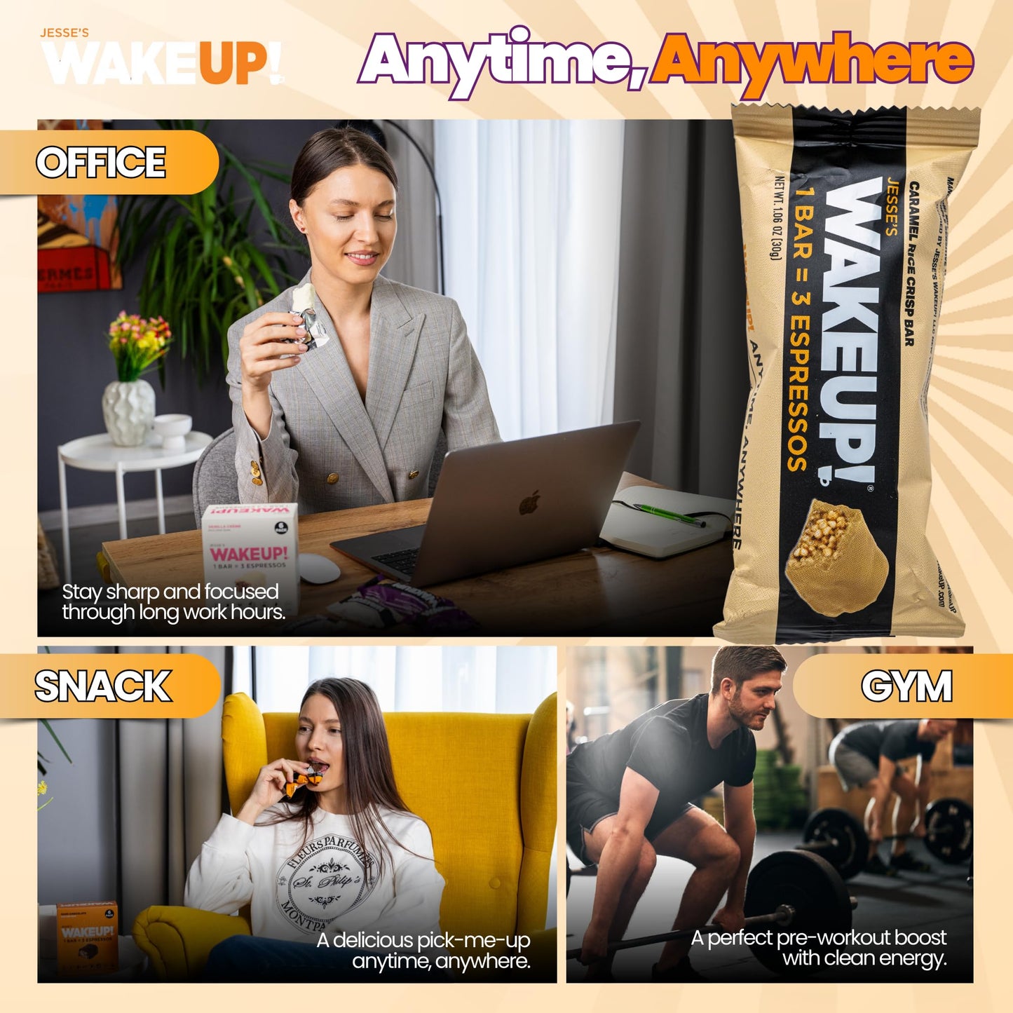 WAKE UP! Caramel Caffeinated Protein Bars – Proprietary Blend with 350mg Natural Caffeine (1 Bar = 3 Espressos) – Gluten - Free, Vegetarian, Kosher – Energy Snack for Focus & Clarity – 6 Pack - Fresh Hearth