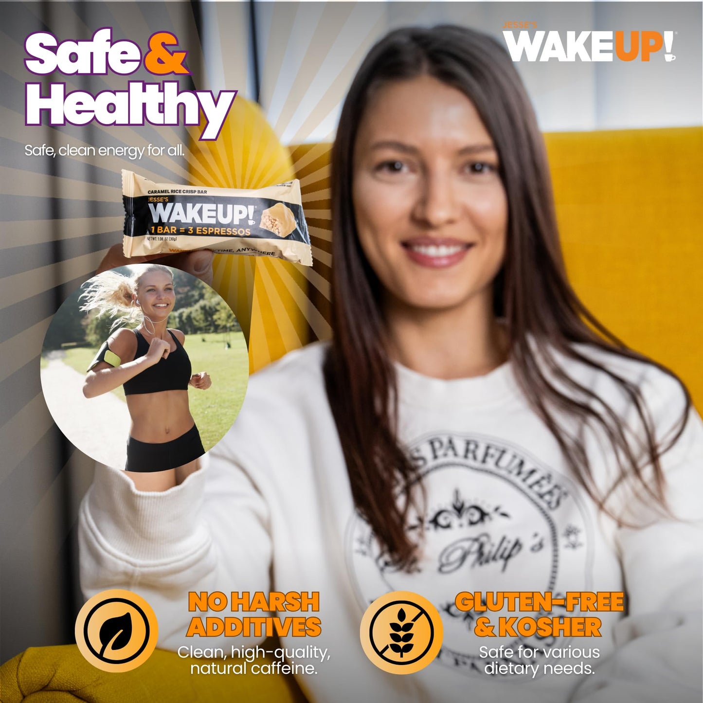 WAKE UP! Caramel Caffeinated Protein Bars – Proprietary Blend with 350mg Natural Caffeine (1 Bar = 3 Espressos) – Gluten - Free, Vegetarian, Kosher – Energy Snack for Focus & Clarity – 6 Pack - Fresh Hearth