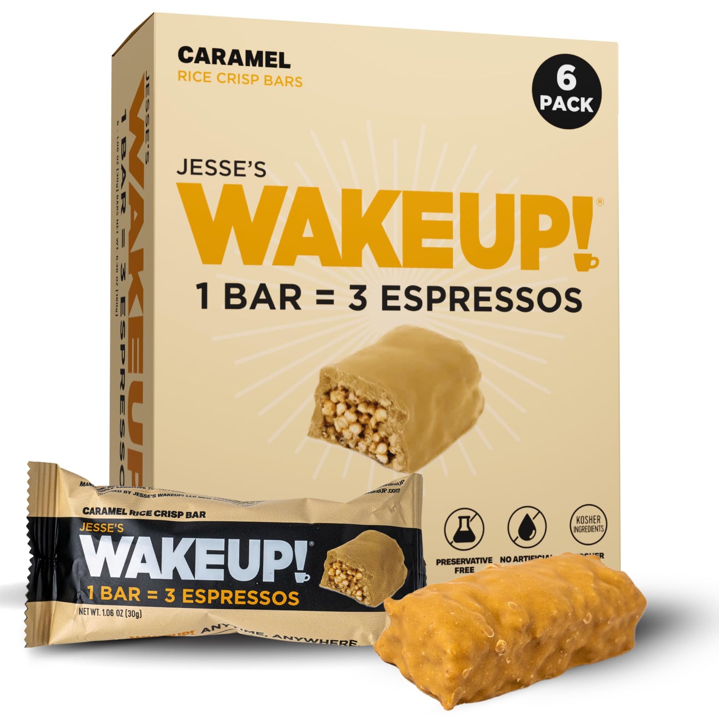 WAKE UP! Caramel Caffeinated Protein Bars – Proprietary Blend with 350mg Natural Caffeine (1 Bar = 3 Espressos) – Gluten - Free, Vegetarian, Kosher – Energy Snack for Focus & Clarity – 6 Pack - Fresh Hearth