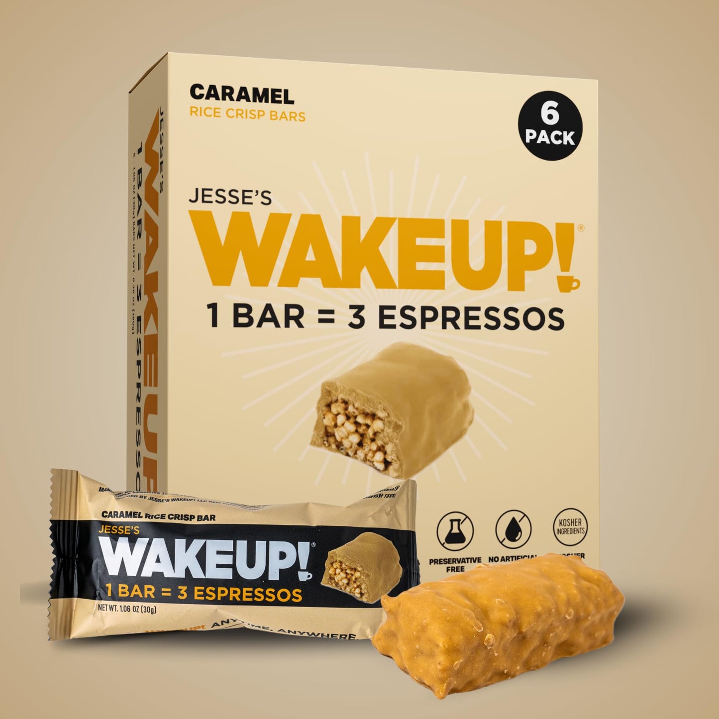 WAKE UP! Caramel Caffeinated Protein Bars – Proprietary Blend with 350mg Natural Caffeine (1 Bar = 3 Espressos) – Gluten - Free, Vegetarian, Kosher – Energy Snack for Focus & Clarity – 6 Pack - Fresh Hearth
