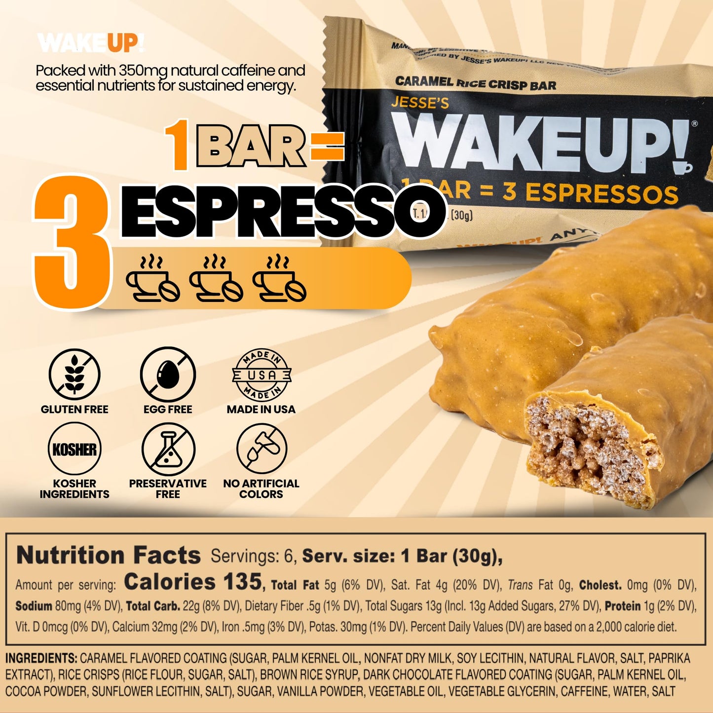 WAKE UP! Caramel Caffeinated Protein Bars – Proprietary Blend with 350mg Natural Caffeine (1 Bar = 3 Espressos) – Gluten - Free, Vegetarian, Kosher – Energy Snack for Focus & Clarity – 6 Pack - Fresh Hearth
