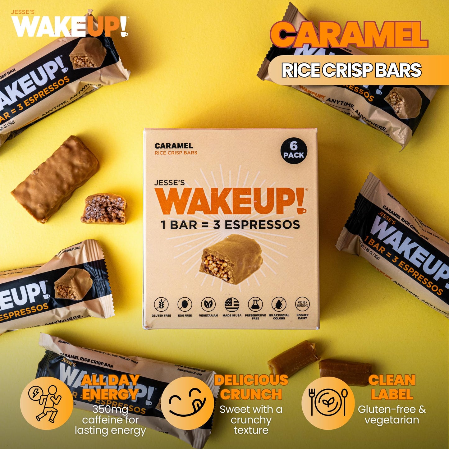 WAKE UP! Caramel Caffeinated Protein Bars – Proprietary Blend with 350mg Natural Caffeine (1 Bar = 3 Espressos) – Gluten - Free, Vegetarian, Kosher – Energy Snack for Focus & Clarity – 6 Pack - Fresh Hearth