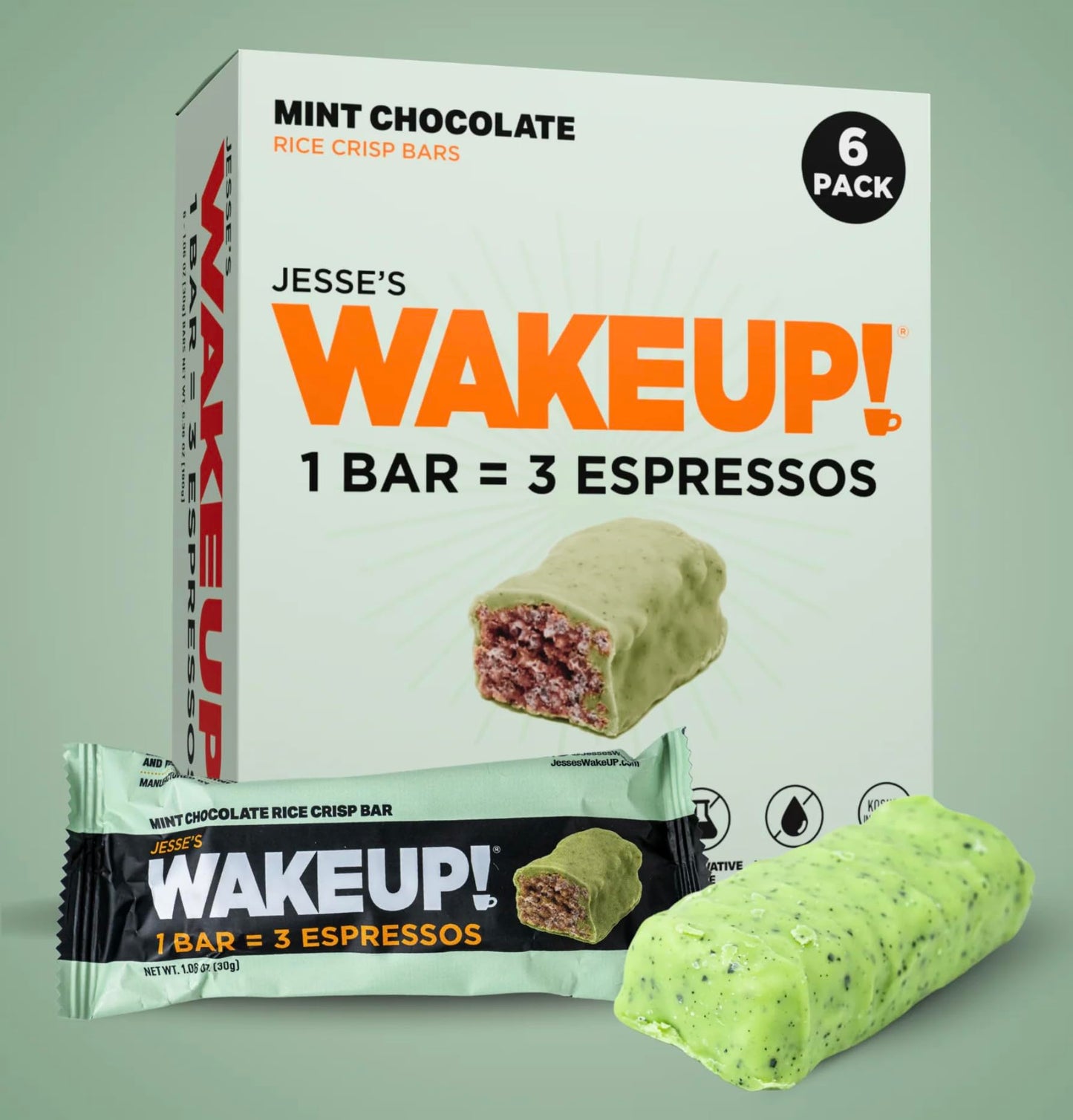 WAKE UP! Mint Chocolate Caffeinated Protein Bars – Proprietary Blend with 350mg Natural Caffeine (1 Bar = 3 Espressos) – Gluten - Free, Vegetarian, Kosher – Energy Snack for Focus & Clarity – 6 Pack - Fresh Hearth