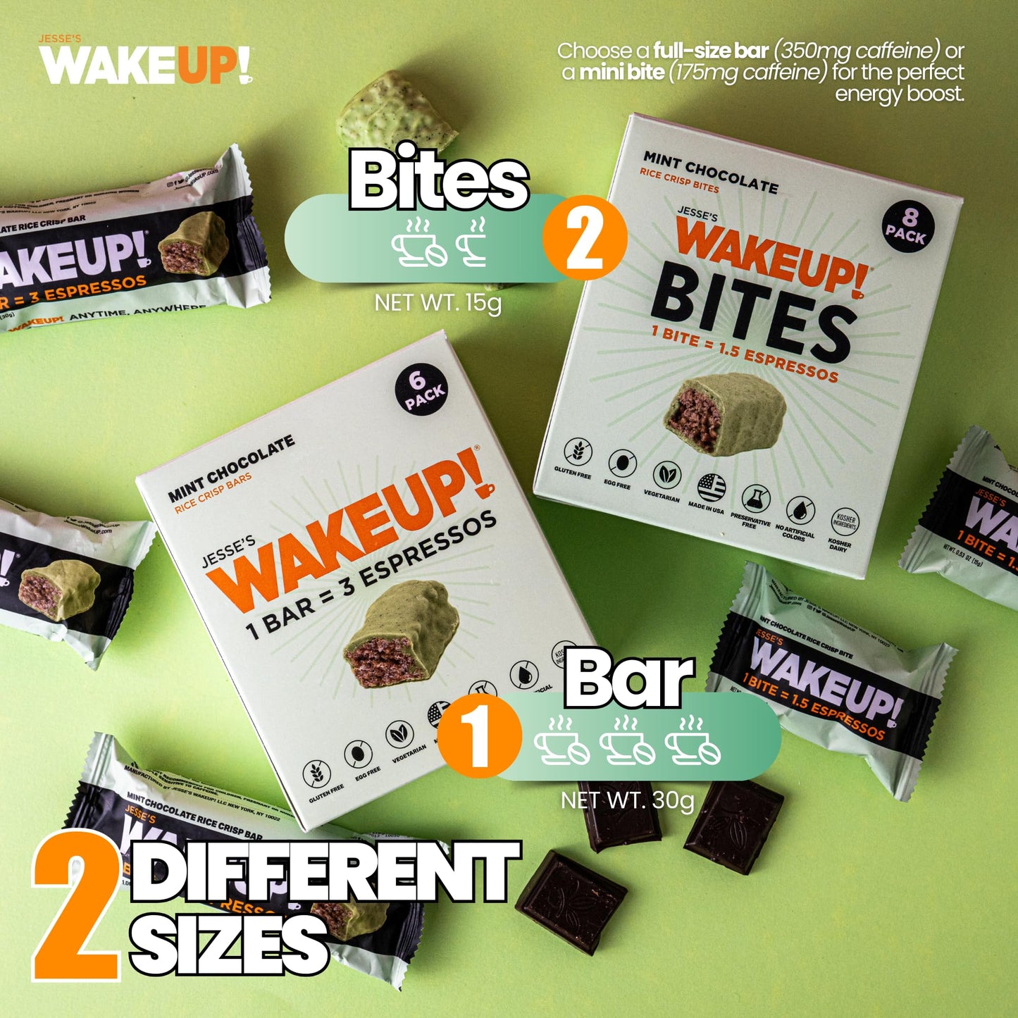 WAKE UP! Mint Chocolate Caffeinated Protein Bars – Proprietary Blend with 350mg Natural Caffeine (1 Bar = 3 Espressos) – Gluten - Free, Vegetarian, Kosher – Energy Snack for Focus & Clarity – 6 Pack - Fresh Hearth