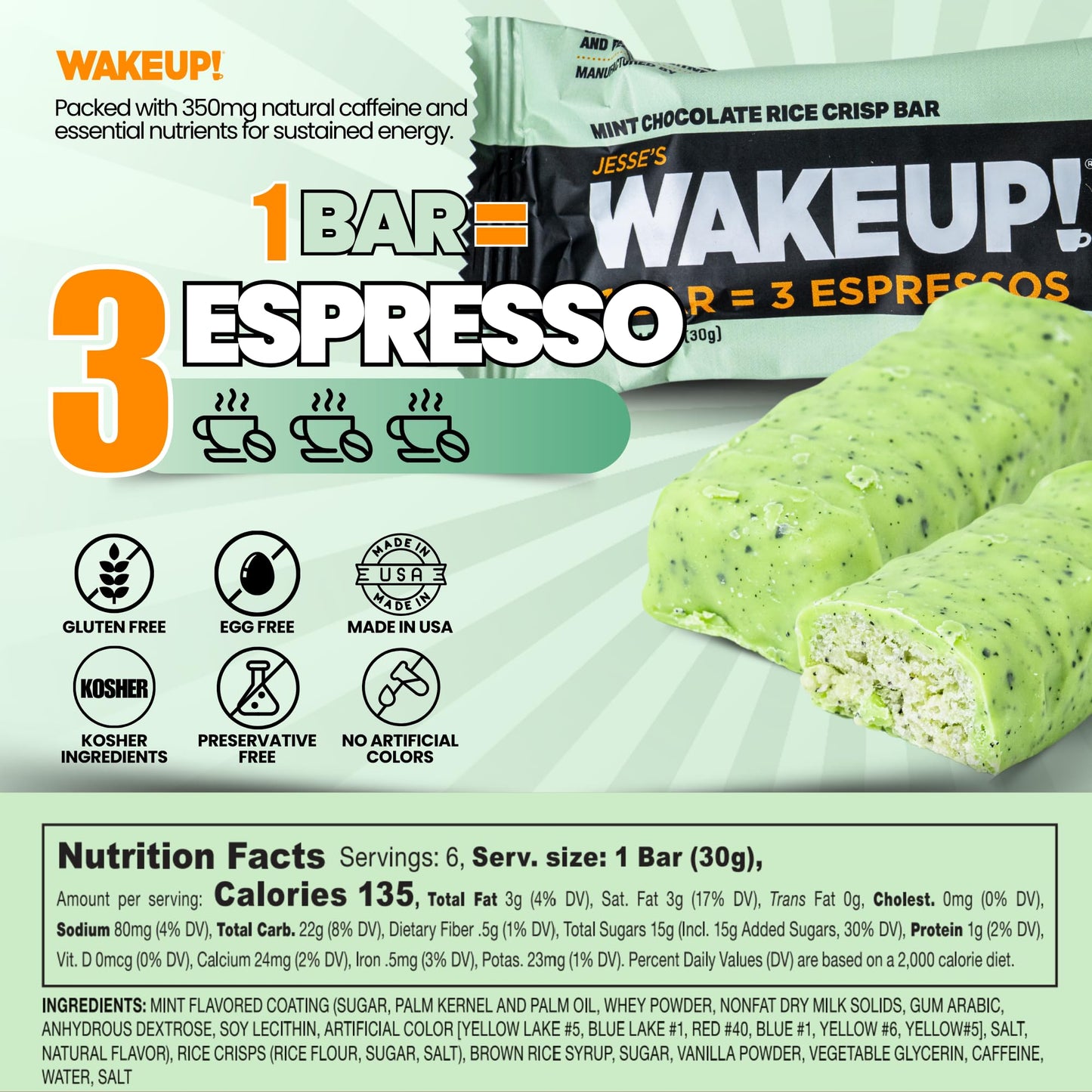 WAKE UP! Mint Chocolate Caffeinated Protein Bars – Proprietary Blend with 350mg Natural Caffeine (1 Bar = 3 Espressos) – Gluten - Free, Vegetarian, Kosher – Energy Snack for Focus & Clarity – 6 Pack - Fresh Hearth