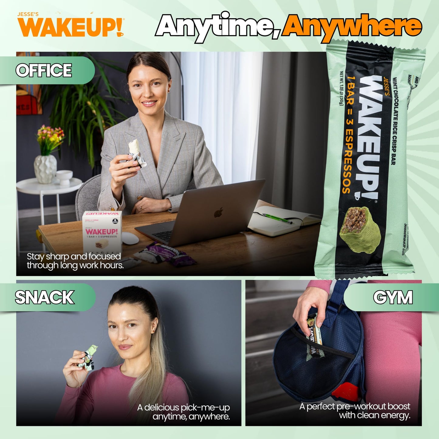 WAKE UP! Mint Chocolate Caffeinated Protein Bars – Proprietary Blend with 350mg Natural Caffeine (1 Bar = 3 Espressos) – Gluten - Free, Vegetarian, Kosher – Energy Snack for Focus & Clarity – 6 Pack - Fresh Hearth