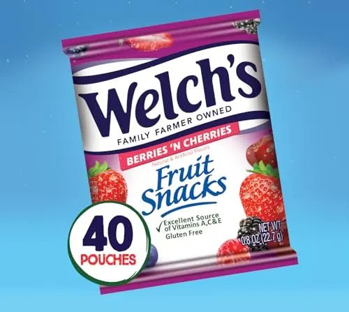 Welch's Fruit Snacks, Berries 'N Cherries, Individual Single Serve Bags, 0.8 oz (Pack of 40) - Fresh Hearth