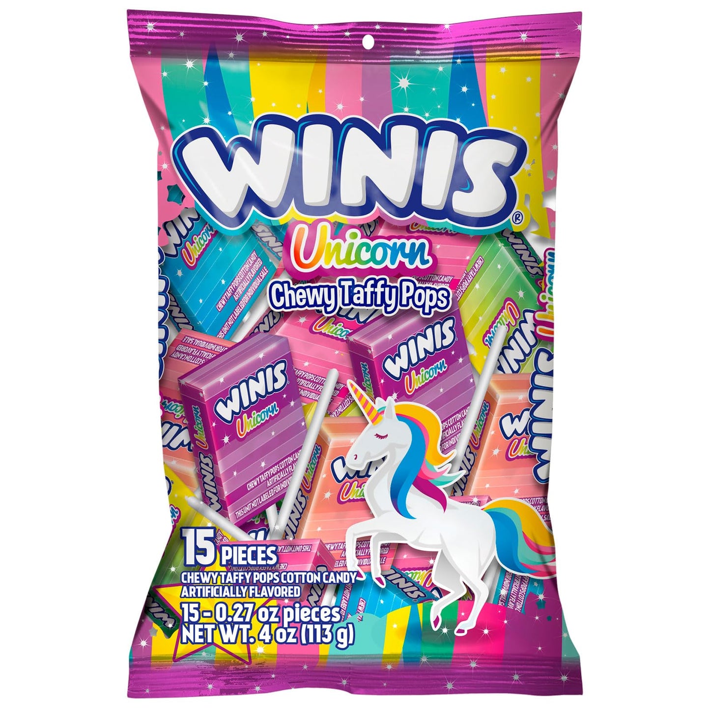 Winis Unicorn | Chewy Taffy Pops | Cotton Candy Flavored | Sharing Size 4.3 Oz Bag - 15 Pieces - 2 packs | Gifts, Holiday, Parties, Concessions, Pantry, Non - Melting, Party - Fresh Hearth