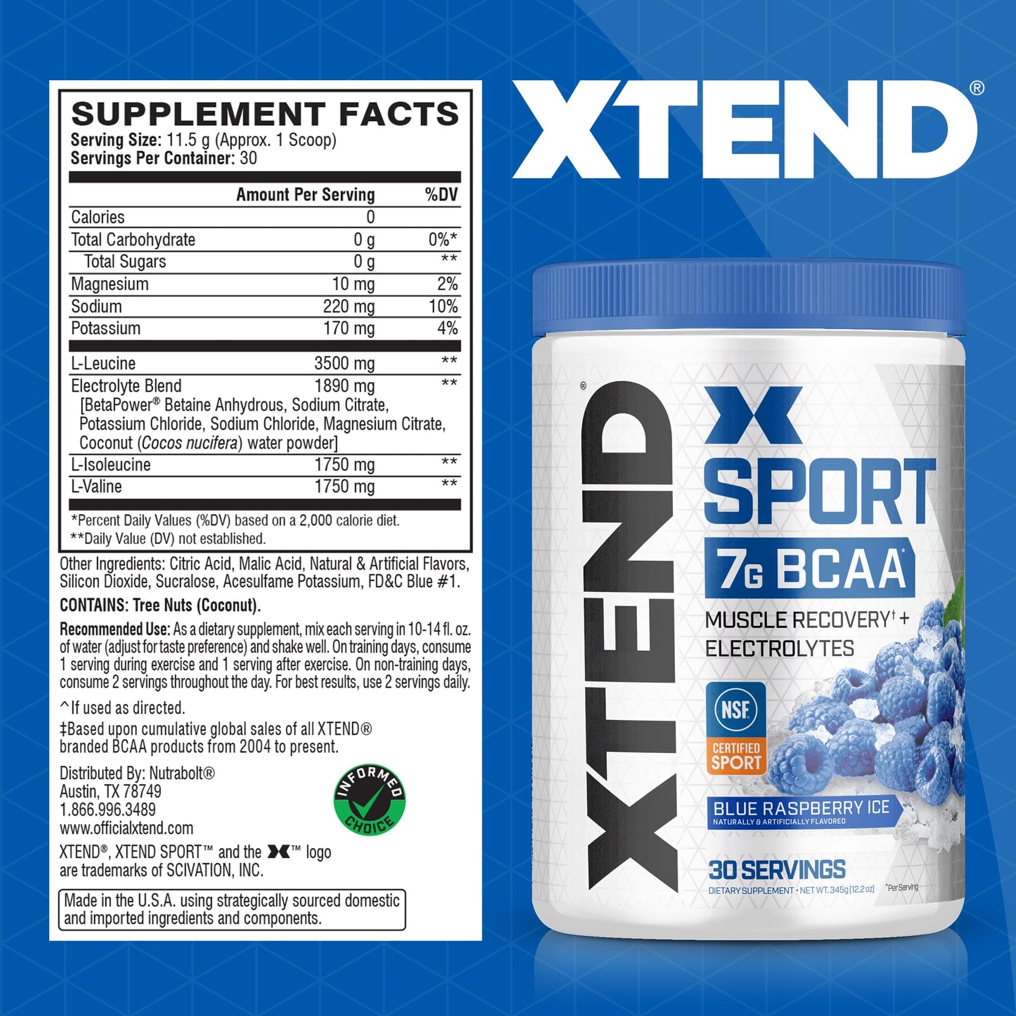 XTEND Sport BCAA Powder Blue Raspberry Ice - Electrolyte Powder for Recovery & Hydration with Amino Acids - 30 Servings - Fresh Hearth