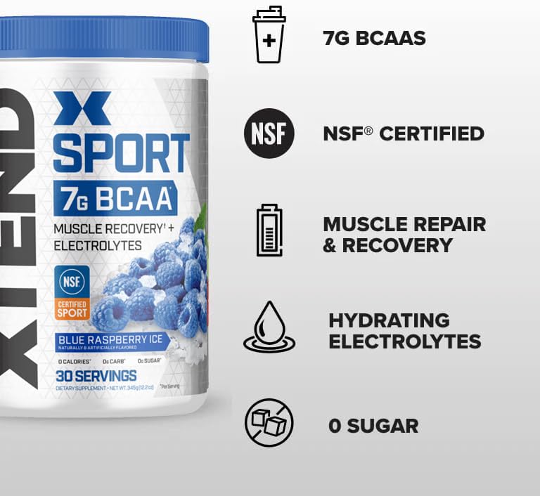 XTEND Sport BCAA Powder Blue Raspberry Ice - Electrolyte Powder for Recovery & Hydration with Amino Acids - 30 Servings - Fresh Hearth