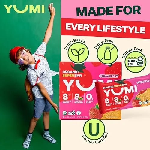 YUMI Organic Breakfast Superbar, Gluten - Free, No Added Sugar, 7+ Vegetables, Soft - Baked Crust, Healthy Snack Bars for Kids, School Safe, Healthy Alternative to Granola Bars or Cereal Bars, Strawberry (30ct) - Fresh Hearth
