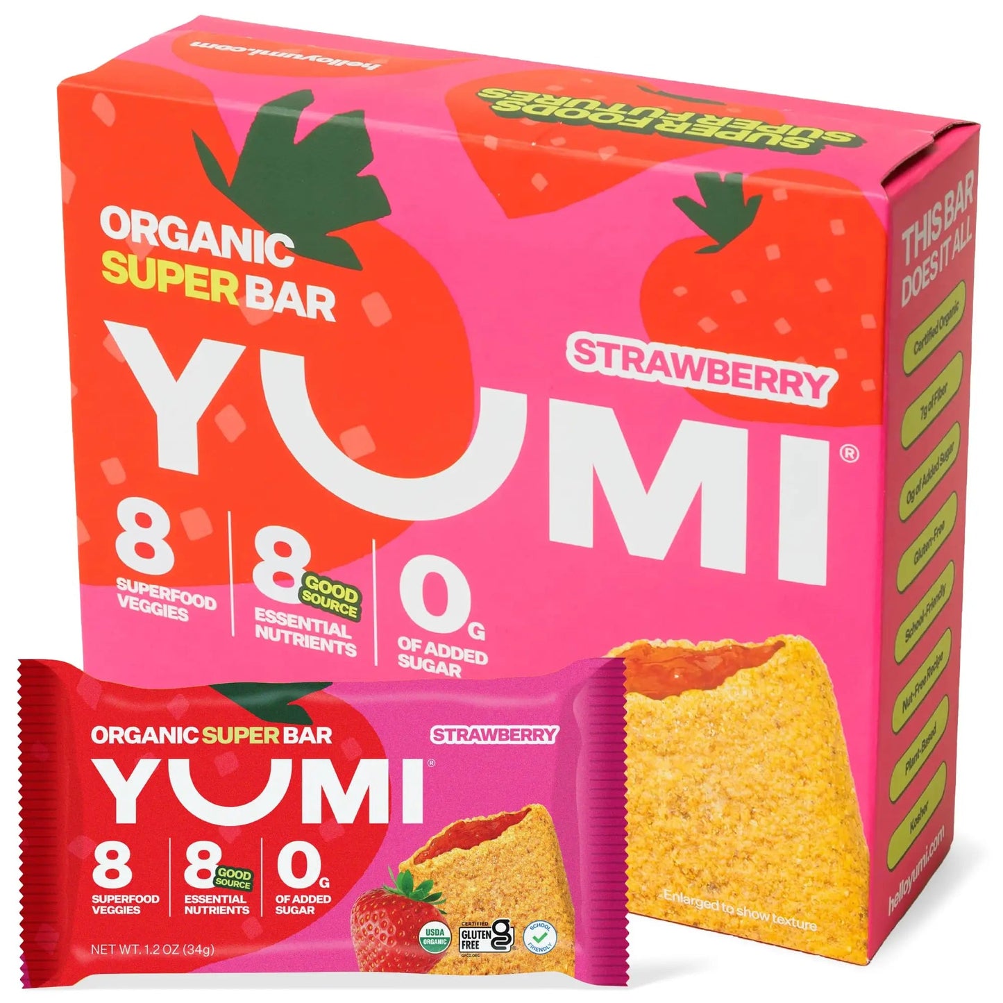 YUMI Organic Breakfast Superbar, Gluten - Free, No Added Sugar, 7+ Vegetables, Soft - Baked Crust, Healthy Snack Bars for Kids, School Safe, Healthy Alternative to Granola Bars or Cereal Bars, Strawberry (30ct) - Fresh Hearth