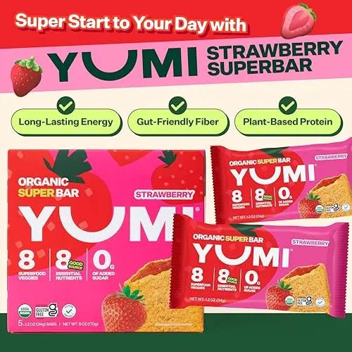 YUMI Organic Breakfast Superbar, Gluten - Free, No Added Sugar, 7+ Vegetables, Soft - Baked Crust, Healthy Snack Bars for Kids, School Safe, Healthy Alternative to Granola Bars or Cereal Bars, Strawberry (30ct) - Fresh Hearth