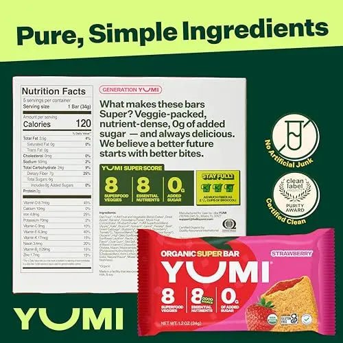 YUMI Organic Breakfast Superbar, Gluten - Free, No Added Sugar, 7+ Vegetables, Soft - Baked Crust, Healthy Snack Bars for Kids, School Safe, Healthy Alternative to Granola Bars or Cereal Bars, Strawberry (30ct) - Fresh Hearth