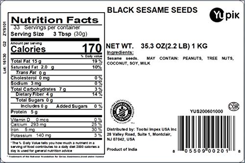 Yupik Raw Black Sesame Seeds, 2.2 lb (35.2 oz), Gluten - Free, Kosher, Vegan, Natural Black Seeds, Unroasted, Unsalted, Plant - Based Protein, Source of Fiber, Iron & Calcium, Ideal for Cooking & Baking - Fresh Hearth