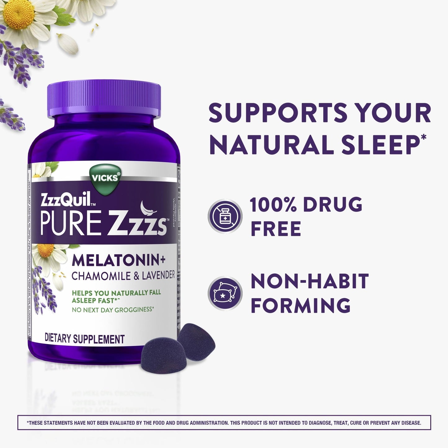 ZzzQuil PURE Zzzs Melatonin Gummies, Sleep Aid, Melatonin 2mg, with Chamomile & Lavender, Melatonin Sleep Gummies, Sleep Aids for Adults, Wildberry Vanilla Flavored, 72 Sleep Gummies - Fresh Hearth