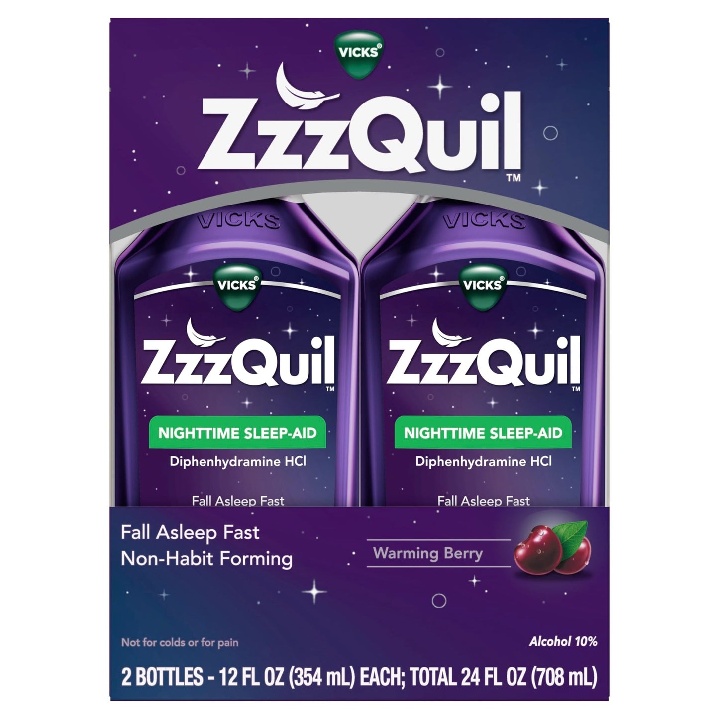 ZzzQuil, Sleep Aid, Nighttime Sleep Aid Liquid, 50 mg Diphenhydramine HCl, Fall Asleep Fast, Non - Habit Forming, Warming Berry Flavor, 12 FL OZ (Pack of 2) - Fresh Hearth