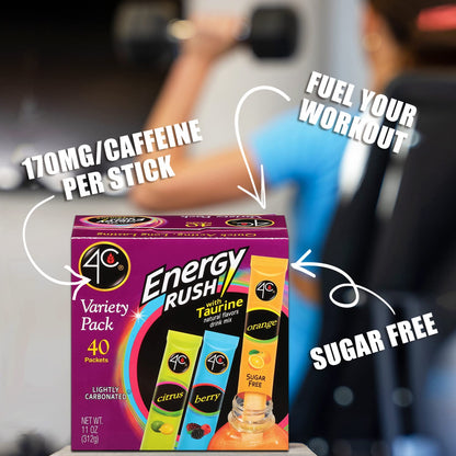 4C Energy Rush Stix, Variety 1 Pack, 40 Count, Single Serve Water Flavoring Packets, Sugar Free with Taurine, On the Go Bundle (20 Berry, 10 Orange, 10 Citrus) - Fresh Hearth