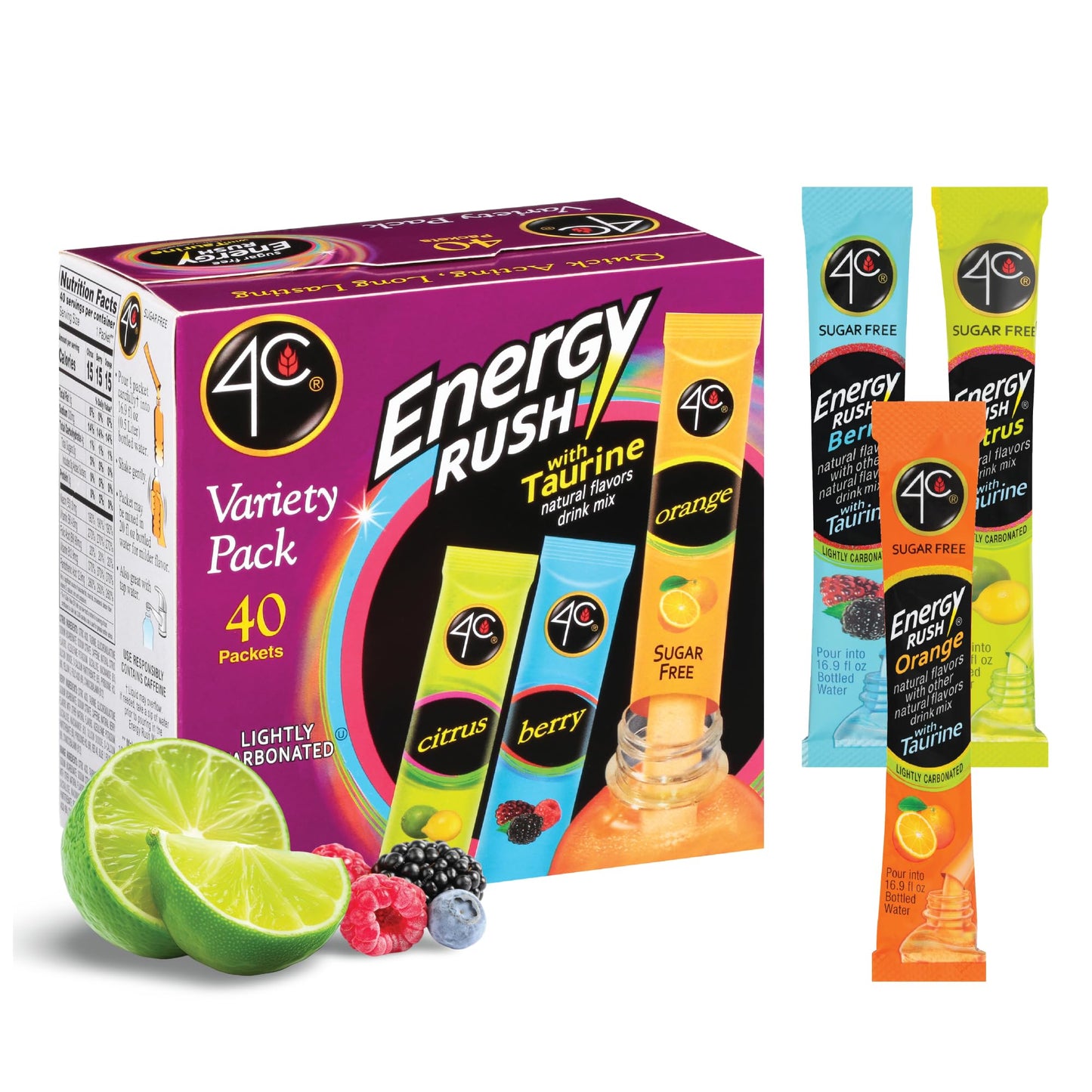 4C Energy Rush Stix, Variety 1 Pack, 40 Count, Single Serve Water Flavoring Packets, Sugar Free with Taurine, On the Go Bundle (20 Berry, 10 Orange, 10 Citrus) - Fresh Hearth