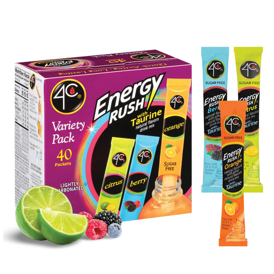 4C Energy Rush Stix, Variety 1 Pack, 40 Count, Single Serve Water Flavoring Packets, Sugar Free with Taurine, On the Go Bundle (20 Berry, 10 Orange, 10 Citrus) - Fresh Hearth