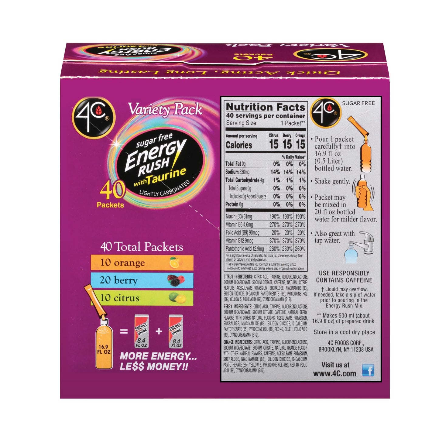 4C Energy Rush Stix, Variety 1 Pack, 40 Count, Single Serve Water Flavoring Packets, Sugar Free with Taurine, On the Go Bundle (20 Berry, 10 Orange, 10 Citrus) - Fresh Hearth