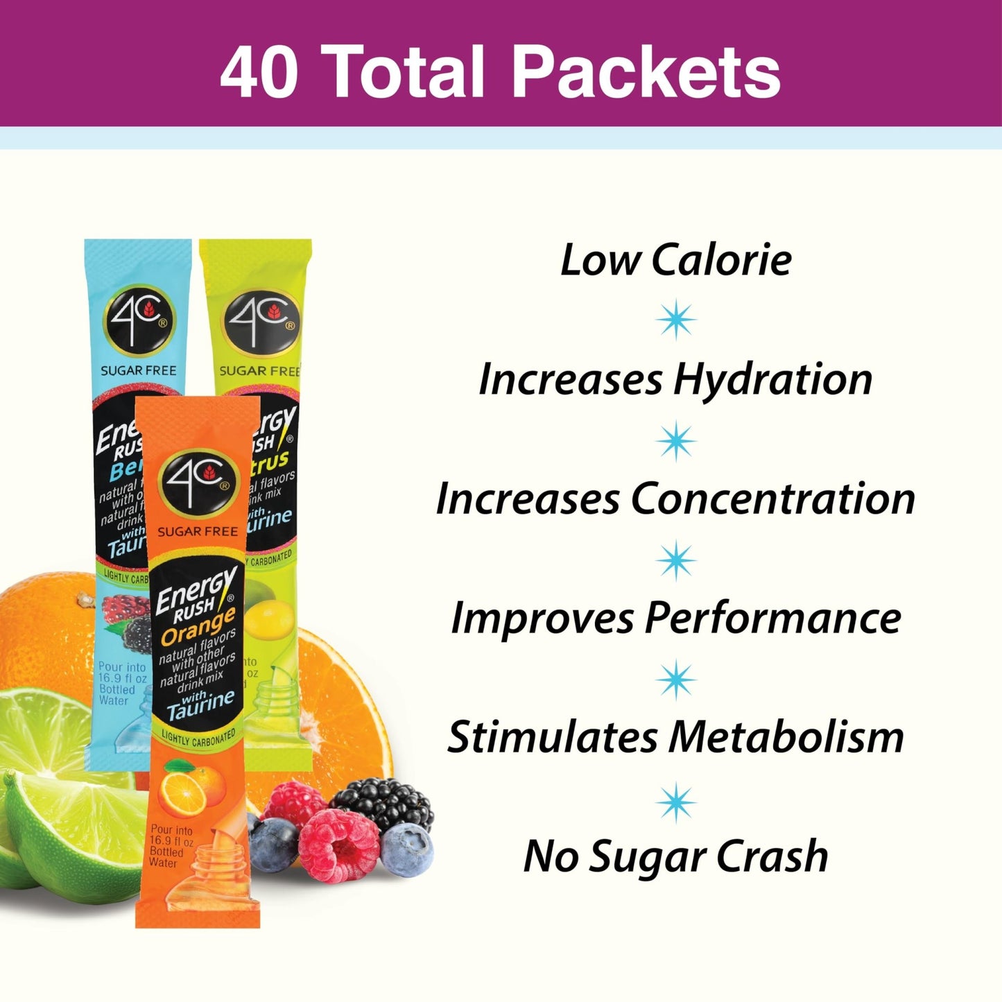 4C Energy Rush Stix, Variety 1 Pack, 40 Count, Single Serve Water Flavoring Packets, Sugar Free with Taurine, On the Go Bundle (20 Berry, 10 Orange, 10 Citrus) - Fresh Hearth