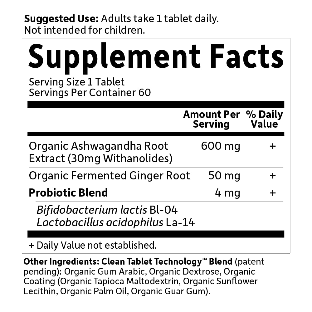 Garden of Life Organic Ashwagandha Supplement with Probiotics & Ginger - Stress, Mood & Energy Support, Vegan, Gluten Free, Non GMO, 2 Month Supply, 60 Tablets